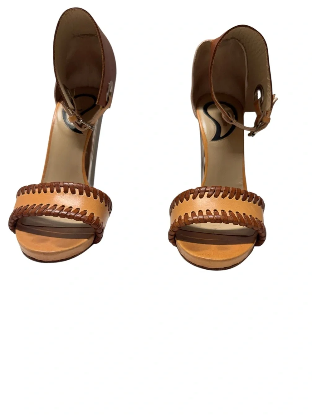 Etro Brown and Tan Braided Retro Diisco 70's whipstitch leather Leather Heels